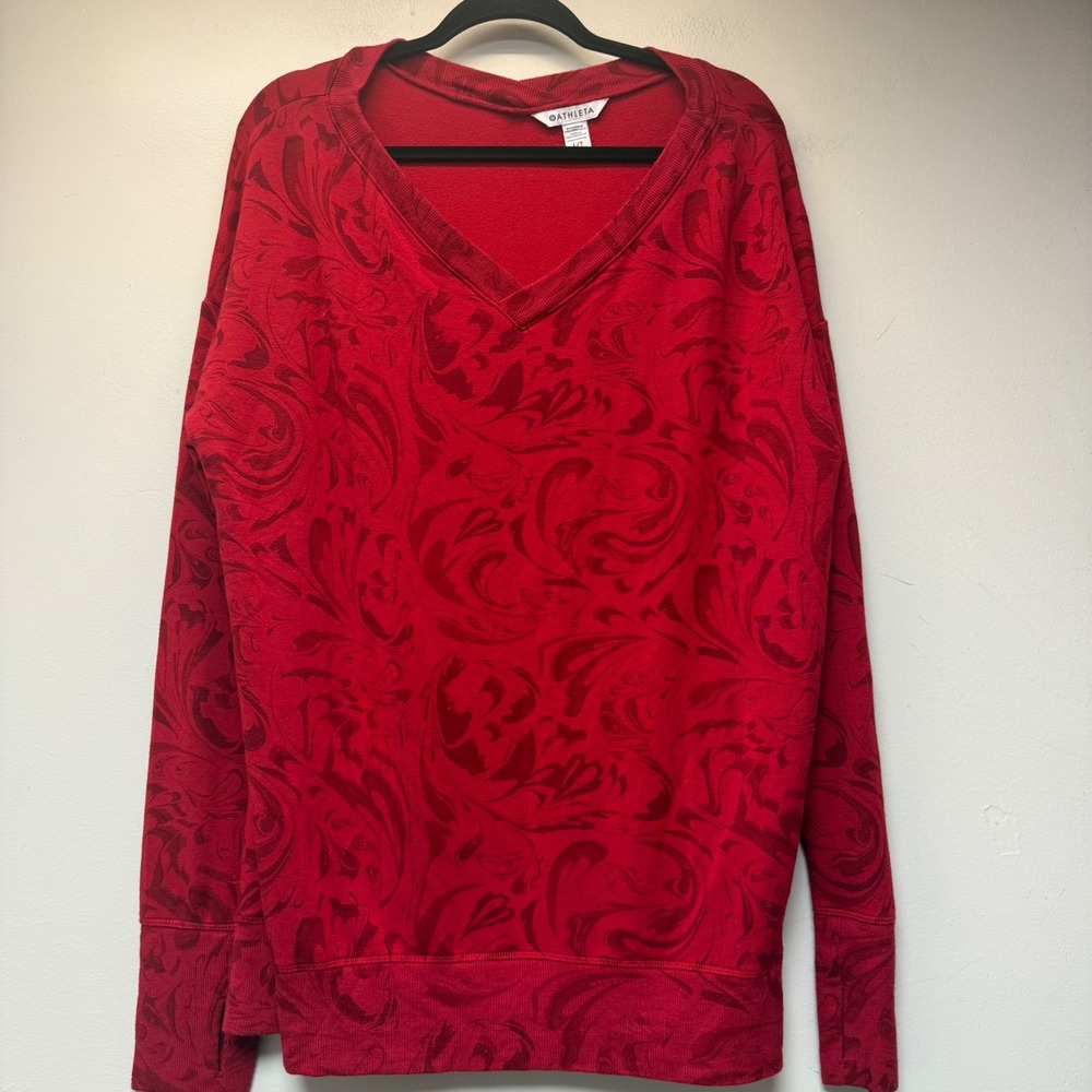 Athleta Coaster Luxe Sweatshirt Womens‎ LT Red Excellent Swirl Jacquard V-Neck